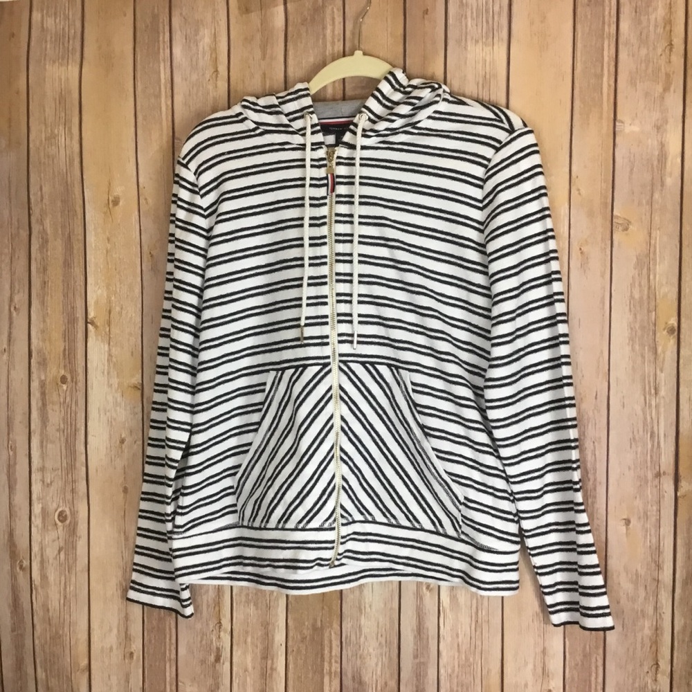 TOMMY HILFIGER  HOODED JACKET BLACK AND WHITE SZ M